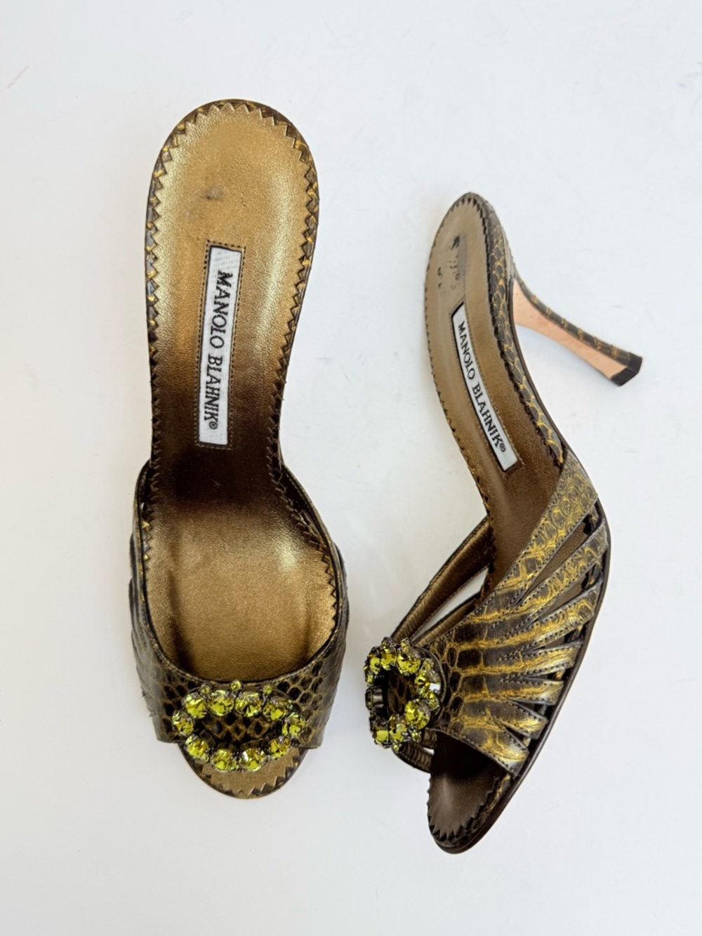 Manolo Blahnik Metallic Green snakeskin Crystal Embellished High Heel Mules 36.5 - Picture 2 of 9